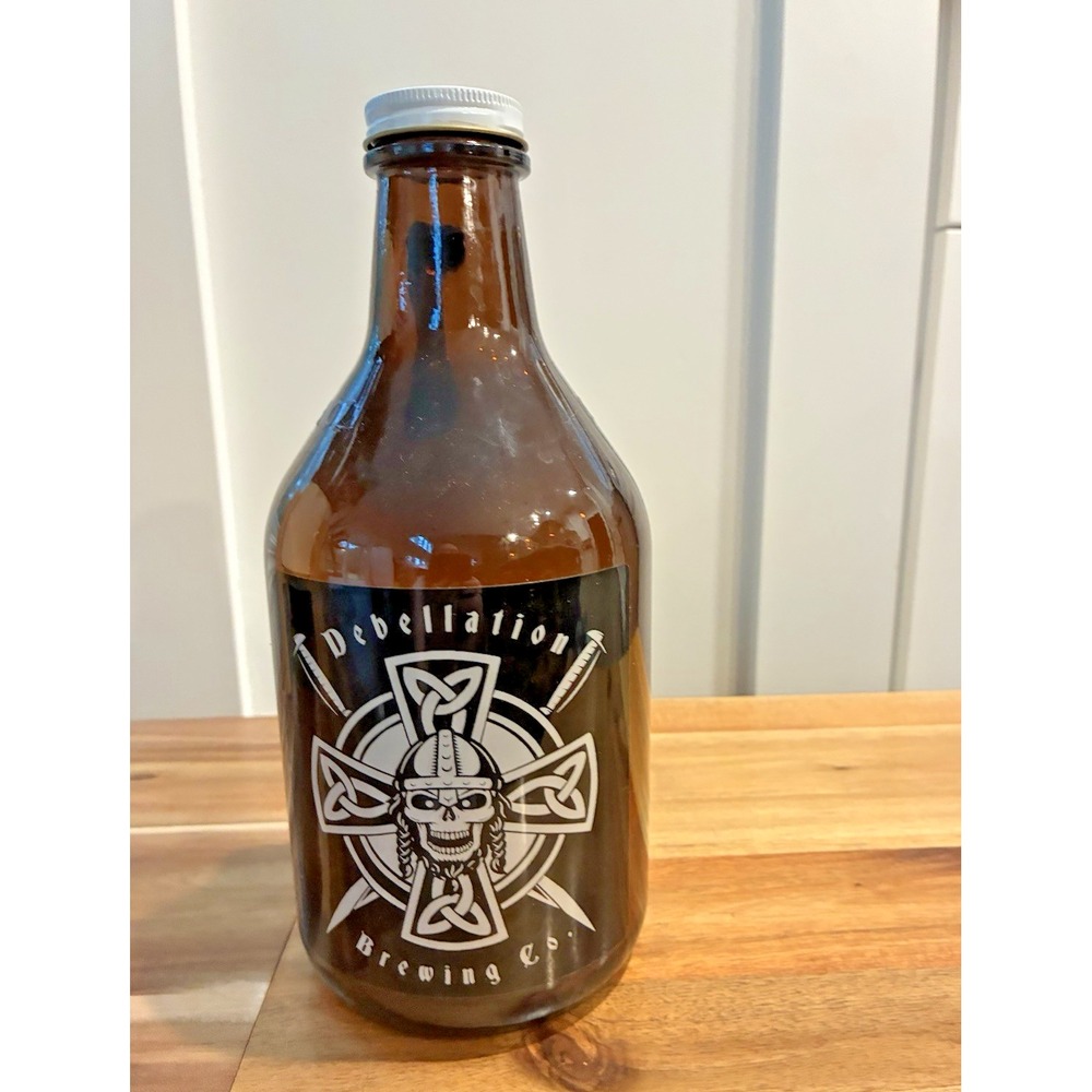 Debellation Brewing Co Beer Growler 64oz Amber Glass Bottle Viking Skull Logo GA
